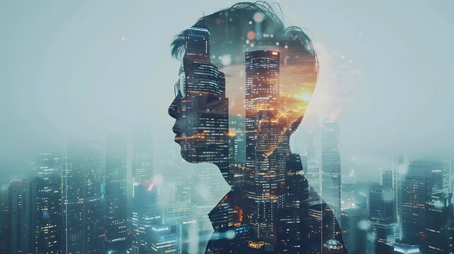 Business woman wearing glasses and science and technology background with city scape and digital overlay innovative background for successful business development