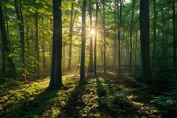 Fototapeta premium The sun shines through the green trees in the forest