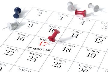 Calendar with Red Pushpin. St. Patrick's Day Concept Using White Background. 3d Rendering