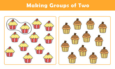 Making Groups of Two Worksheet. Grouping Picture Math Activity for Kids. Fun Math Activity for Children. Counting with Cute Pictures Worksheet.	