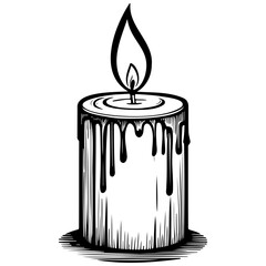 candle realistic, ink sketch of black silhouette outline, transparent background