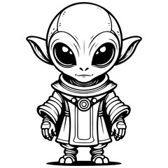 cartoon alien realistic, ink sketch of black silhouette outline, transparent background