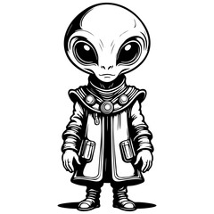 cartoon alien drawing, outline cartoon line, vector engraving with transparent background