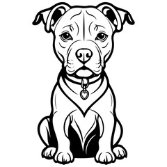 cartoon pitbull monochrome outline drawing, realistic tattoo painting on transparent background