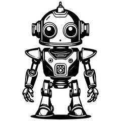 cartoon robot sketch, realistic line monochrome drawing, vintage engraving line art