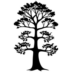 cartoon tree silhouette drawing, black line vector, isolated line