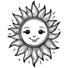 cartoon sun drawing, black line vector, isolated line
