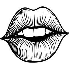 Realistic cartoon lips realistic, ink sketch of black silhouette outline, transparent background