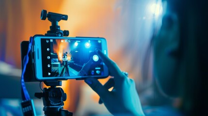 Videographer captures a music concert with a smartphone on a tripod