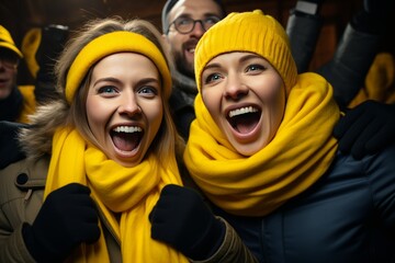 Fototapeta premium Ecstatic fans embrace in stadium celebrating their favorite team s championship victory