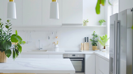 Fototapeta premium Modern Minimalist Kitchen with White Cabinets, Marble Countertops, and Indoor Plants.