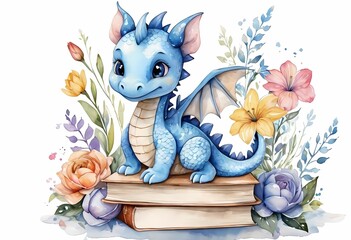 Cute Baby Dragon With Books Flowers generative AI illustration