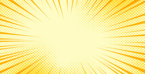 Pop art comic yellow background with halftone, rays, gradient. Vector cartoon illustration in retro style. Design for comic book, poster, banner