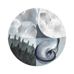 Watercolor grey aesthetics illustration Cloudy sky moon forest seashell in circle clipart For logo poster print design postcard Abstract Luna Celestial Foggy Nature Silver color Mollusk Landscape