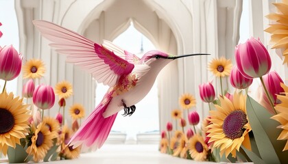 Nature's Dance: Pink Sunflowers and Tulips Frame a Mosque's White Background, with a Hummingbird in Flight"
"Floral Reverie: A Serene Mosque Backdrop Featuring a Hummingbird Crafted from Pink Sunflowe