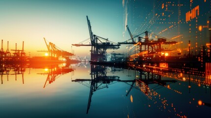 a bustling modern harbor at dawn, with cranes and ships reflected in the calm waters as the first light touches the horizon, symbolizing the reflection and continuity of global