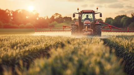 A tractor sprays crops at sunset, casting a warm glow over the golden fields.