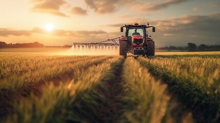 Obraz premium A tractor methodically sprays a golden wheat field at sunset, casting a mist that catches the last golden rays of the sun.