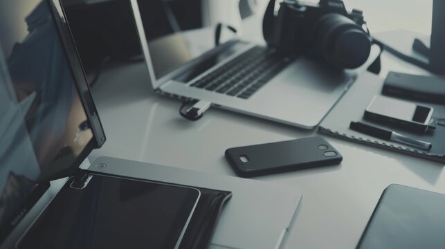 Photographer using modern technology devices on a white table in their office