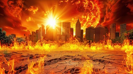 Fototapeta premium Dramatic fiery apocalypse scene with burning city and intense sun, portraying end-of-world scenery with flames and destruction.