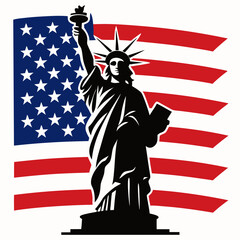 silhouette liberty statue with amirican flag backg