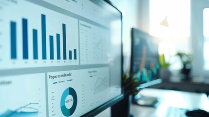 In a well-lit office, a computer monitor is showcasing a range of charts and graphs, delivering important data for analysis