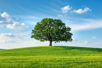 Fototapeta premium A lone tree stands tall on a grassy hill against a bright blue sky.