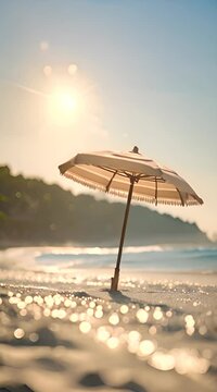 Vertical beach scene with a sun umbrella, golden sand, and sparkling water under a bright, sunny sky on vacation