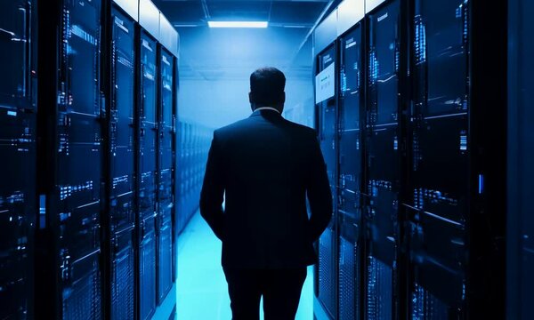 Man in a suit walking through a dimly lit server room with blue lights, symbolizing data security and technology