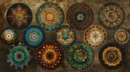 A colorful and diverse collection of geometric mandalas arranged in a grid. 
