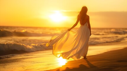 A woman on a tropical vacation or holiday, in a white summer dress walks by the sea on the beach, as the sun sets, enjoying the beauty of nature. In the background, there is a bright light and waves.