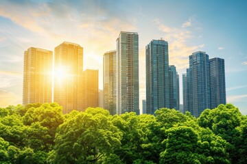 Obraz premium Sunrise behind modern skyscrapers with lush green trees in the foreground, showcasing urban living blended with nature.