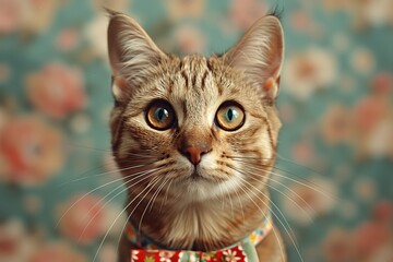 Fototapeta premium A Close Up Portrait of a Tabby Cat Wearing a Bow Tie
