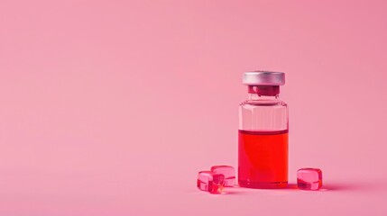 Small red liquid bottle on pink backdrop isolated Board games Cure medication vaccination COVID 19 pandemic Premium image