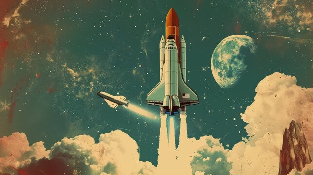 Retro Space Shuttle Launch and the Cosmic Journey with Copy Space