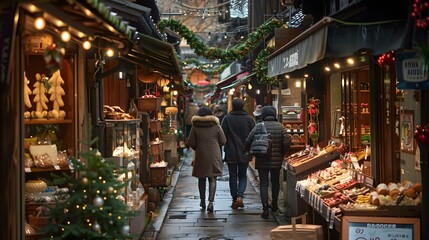 A shopping street decorated with Christmas lights