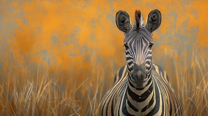 An up-close view of a zebra's distinctive black and white stripes, set against a blurred golden background.