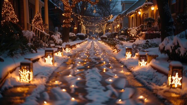 Create a magical pathway to your front door with luminous luminaries, guiding guests through a wonderland of sparkling snowflakes and