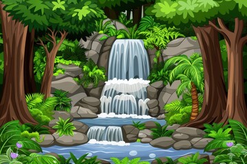 Obraz premium Beautiful cartoon illustration of a waterfall in a lush, green forest with rocks and plants, ideal for nature-themed designs.