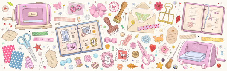 Big collection of handmade art supplies for scrapbooking isolated on background. Set of scrapbook or planner decoration elements. Stickers, stamp, tape. Vector illustration