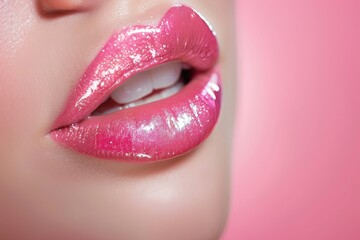 Pink wet look lip gloss applied on woman's lips.