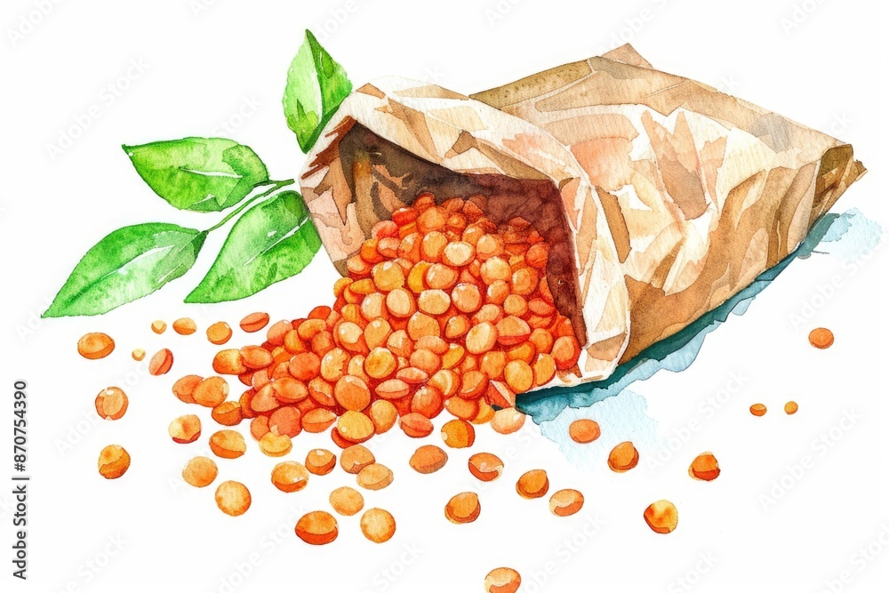 Poster Hand-drawn Watercolor Illustration of Raw Red Lentils in Paper Bag with Green Leaf