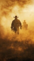 Fototapeta premium Silhouette of cowboy riding horse through dusty desert landscape during a dramatic golden sunset