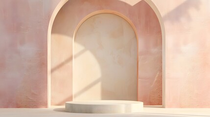 Minimalist product display with white podium and archway.