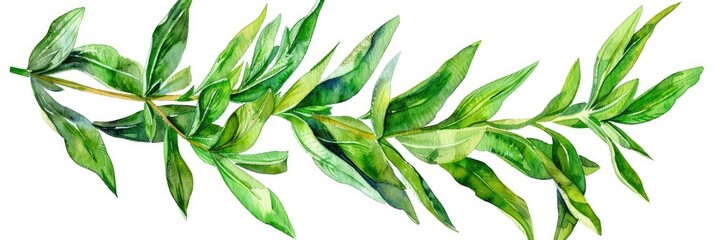 Fototapeta premium Hand-drawn Watercolor Illustration of Fresh Tarragon Sprig on White Background