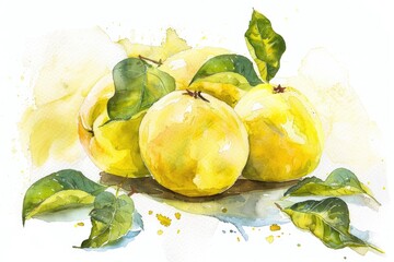 Hand-drawn Watercolor Quince Illustration with Fresh Fruit and Leaves Set