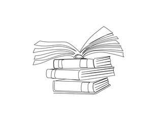 Continuous one line drawing of opened book over the stack of books and. Books outline vector illustration. Editable stroke.