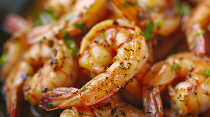Grilled shrimp skewers. Seafood, shelfish. Shrimps Prawns skewers with spices and fresh herbs	