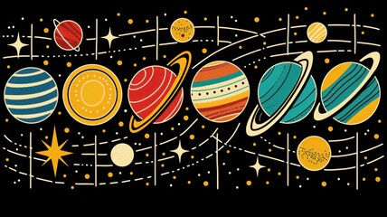 Colorful retro illustration of the solar system planets with stars and orbits on a black background, perfect for educational and decorative use.