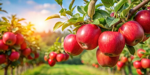 Obraz premium Ripe red apple fruits on tree in orchard ready for harvest, red apples, tree, harvest, ripe, fruit, orchard, agriculture